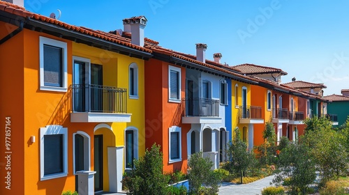 Colorful Mediterranean Style Houses with Balconies and Red Roofs Under a Clear Blue Sky photo