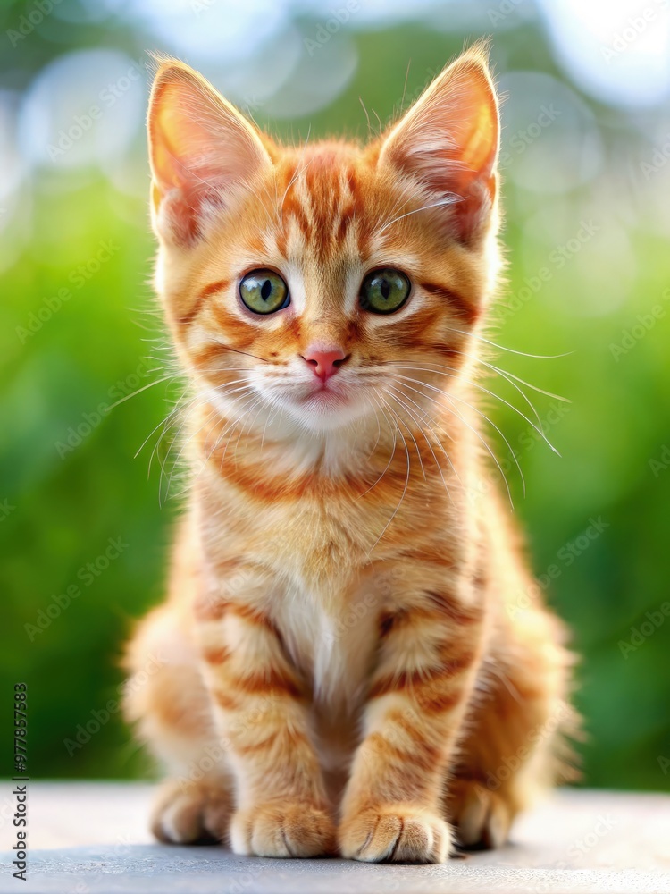 Adorable orange kitten on a surface with a bright green background. Generative AI. Adorable orange kitten on a surface with a bright green background. Generative AI.