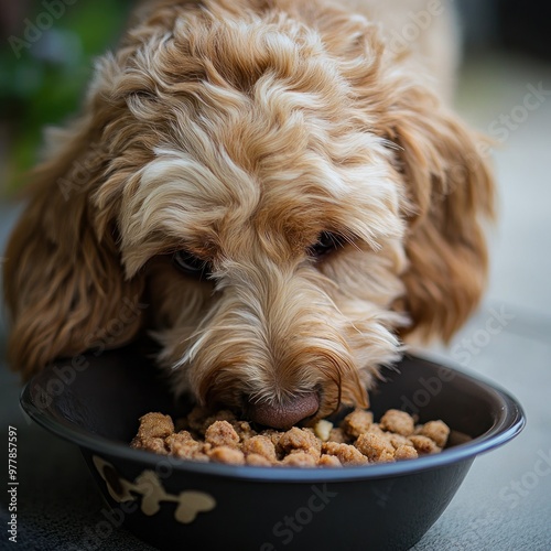 Golden Doodle Dog Eating From a Bowl