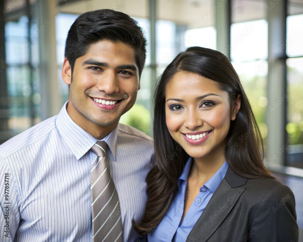 Happy young Latino couple in professional attire standing together in office. Generative AI Happy young Latino couple in professional attire standing together in office. Generative AI