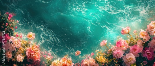 Vibrant Floral Edge Overlooking Turquoise Ocean Waves in Blooming Seascape photo