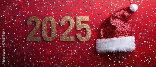 2025 New Year Celebration with Santa Hat and Sparkling Confetti Background photo