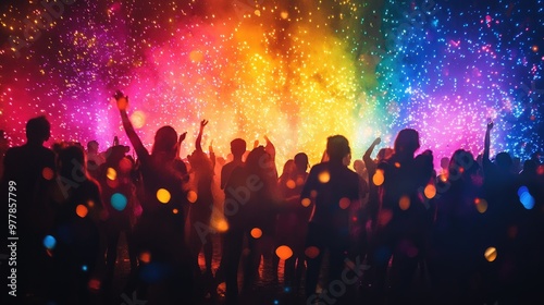 Vibrant Evening: People Dancing Under Colorful Light Show at Night Party Celebration