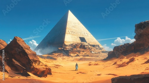 A lone figure walks towards a massive pyramid in a desert landscape.