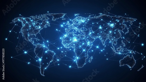 Digital representation of a connected world illuminated by glowing network po...
