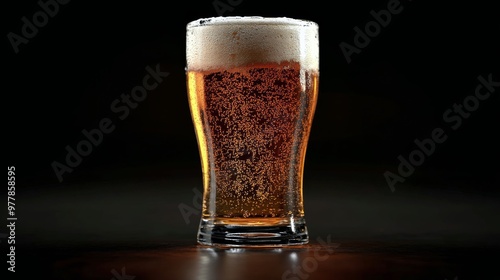 A cold glass of craft beer with foam served against a dark background in a cozy pub atmosphere