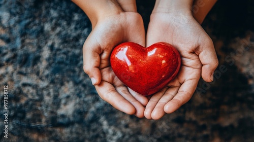 Two hands gently holding a shiny red heart on a textured surface in warm ligh...