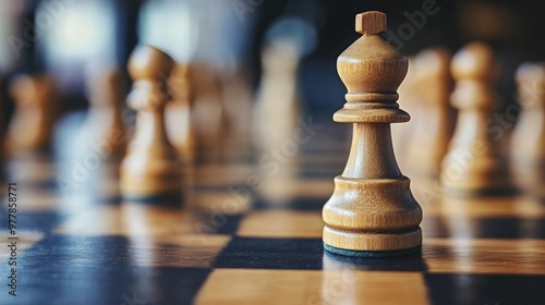 A striking red chess piece stands alone on an artistic chessboard with a dark...