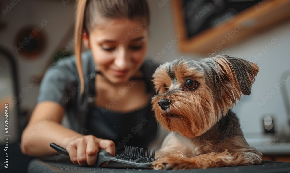 A young female professional groomer trimming a cute dog. Pet spa grooming salon A young female professional groomer trimming a cute dog. Pet spa grooming salon
