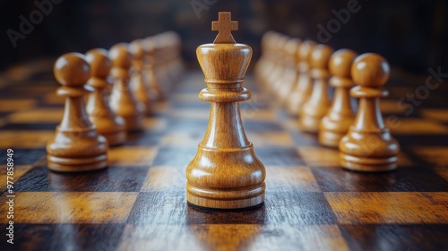 A striking red chess piece stands alone on an artistic chessboard with a dark...
