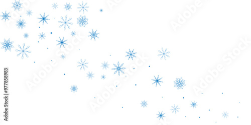 Snowflakes. Snow, snowfall. Falling scattered blue snowflakes on a white background.