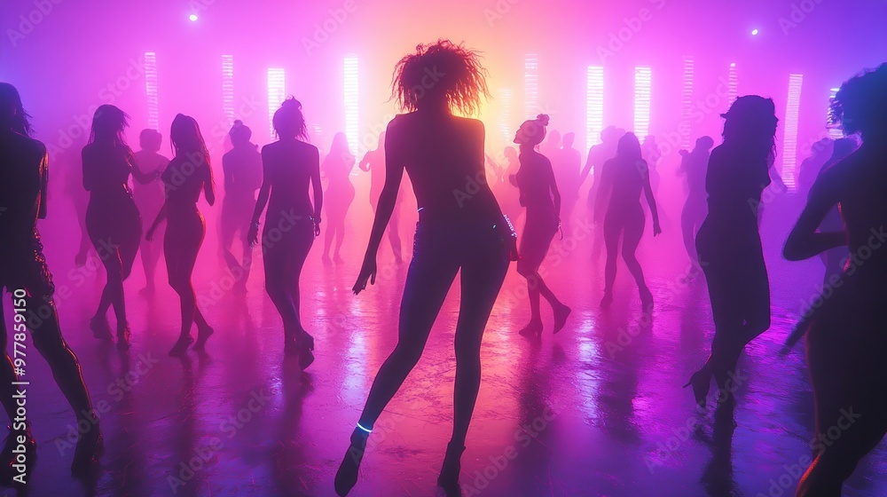 Silhouetted Dancing Crowd in Vibrant Neon Lights at Club Party Silhouetted Dancing Crowd in Vibrant Neon Lights at Club Party