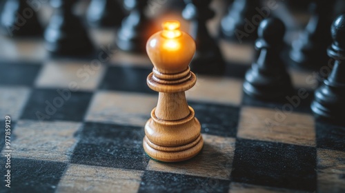 A striking red chess piece stands alone on an artistic chessboard with a dark...