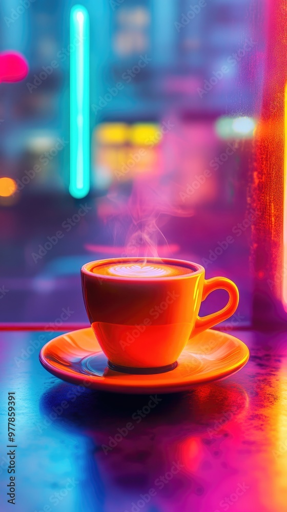 Obraz premium Vibrant Neon Coffee Cup in Modern City Cafe with Steaming Hot Drink