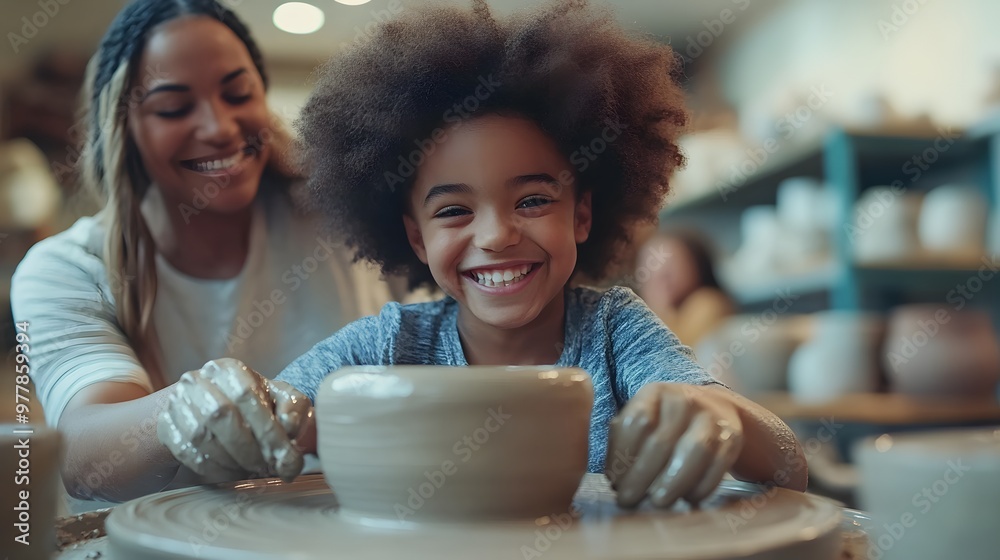 A family taking a pottery wheel class kids shaping clay while parents guide them through the process with big smiles. A family taking a pottery wheel class kids shaping clay while parents guide them through the process with big smiles.