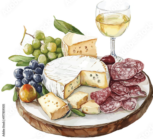 vector illustration cheese plate, isolated on white background, delicious wine snack set