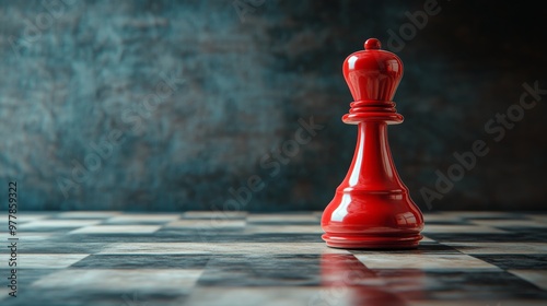 A striking red chess piece stands alone on an artistic chessboard with a dark...