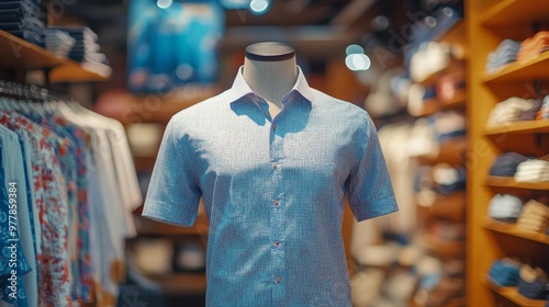 Display of a casual button-up shirt in a clothing store with organized shelvi...