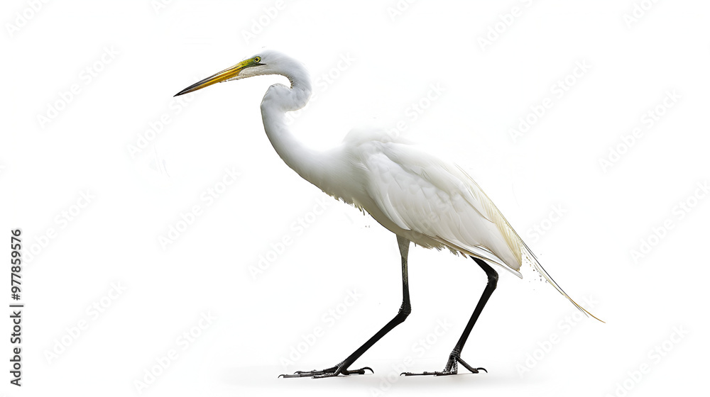 Obraz premium A tall great egret standing on one leg on a white background with copy space, long neck curved