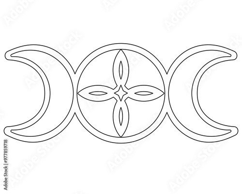 Three moons waxing moon, full moon with celtic symbol and waning moon - vector linear picture for coloring. Outline. Moon phases mystical magic symbol.