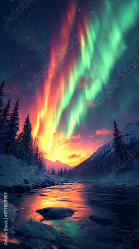 Wallpaper Mural Aurora borealis in a mountainous area. Night. Professional photo. Torontodigital.ca