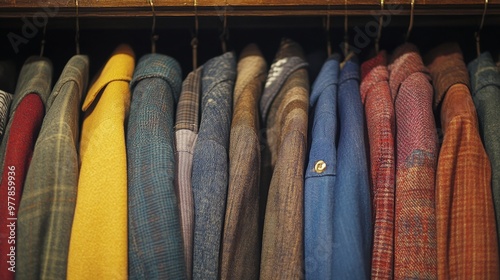 Colorful collection of vintage shirts hanging on a clothing rack in a trendy ...