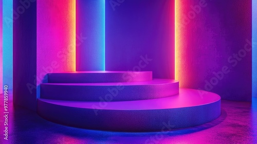 Futuristic Neon Lit Stage with Glowing Purple and Pink Lights in Modern Abstract Studio