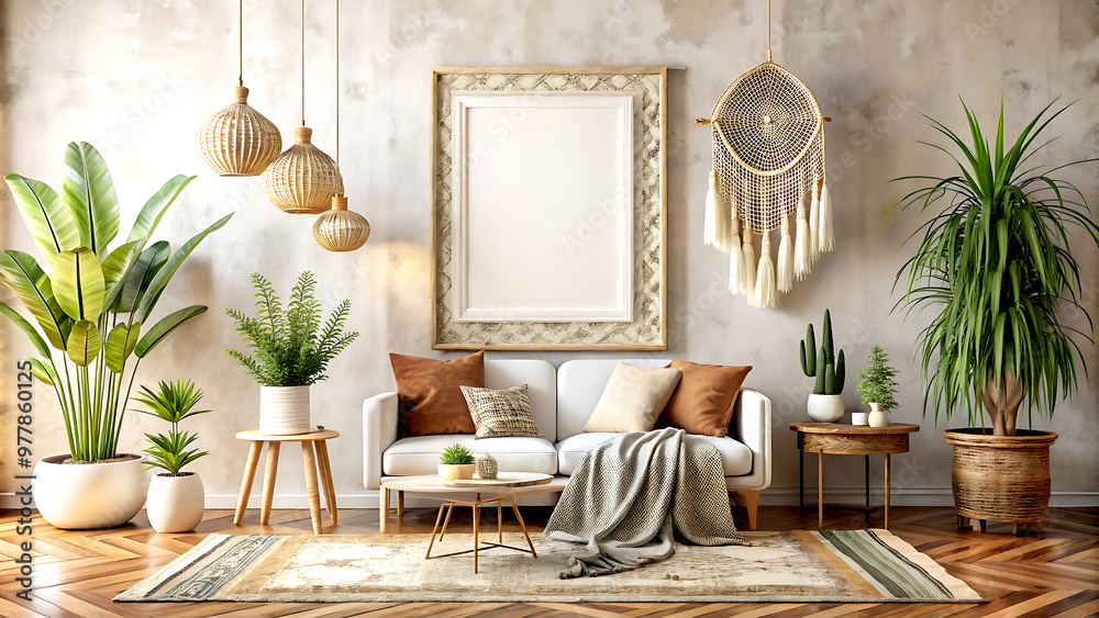 Fototapeta premium Eclectic bohemian interior background, empty wall mockup, 3d render, white Mock up frame