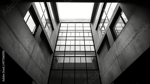 Looking up at modern glass buildings under a bright sky with soft cloud forma...