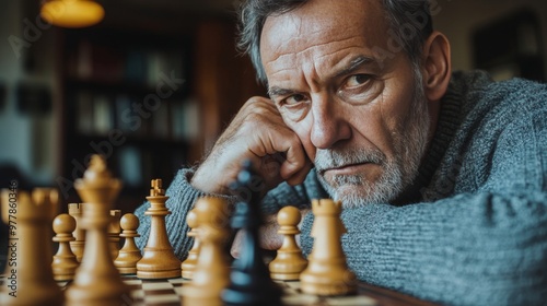 A focused young man contemplating his next move in a chess match during a coz...