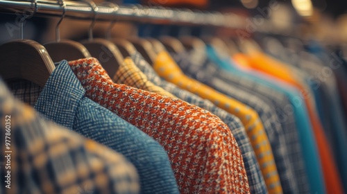 Colorful collection of vintage shirts hanging on a clothing rack in a trendy ...