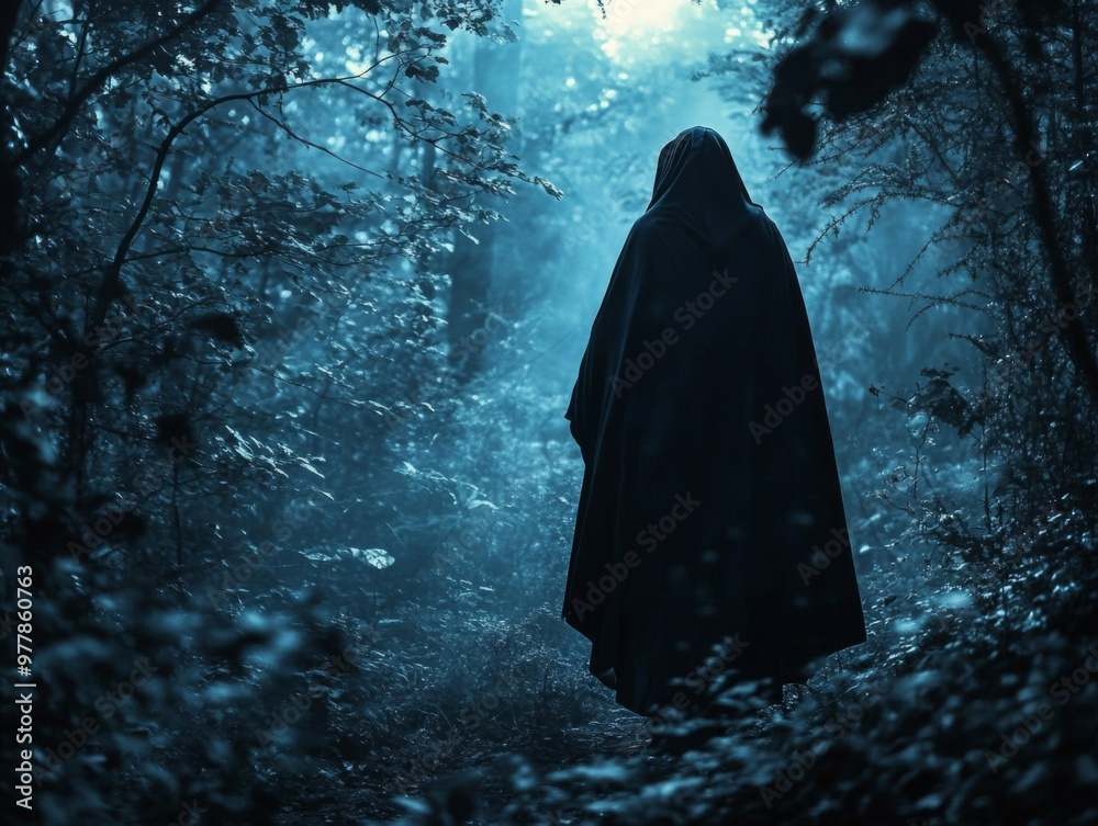 A hooded figure walking through a misty forest at night.