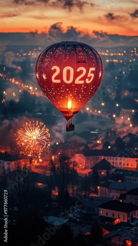 Hot Air Balloon Celebrating New Year 2025 Over Cityscape with Fireworks at Sunset photo