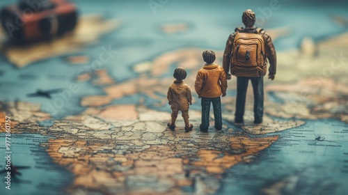 Family adventure planning on a vintage world map with miniature figurines ind...