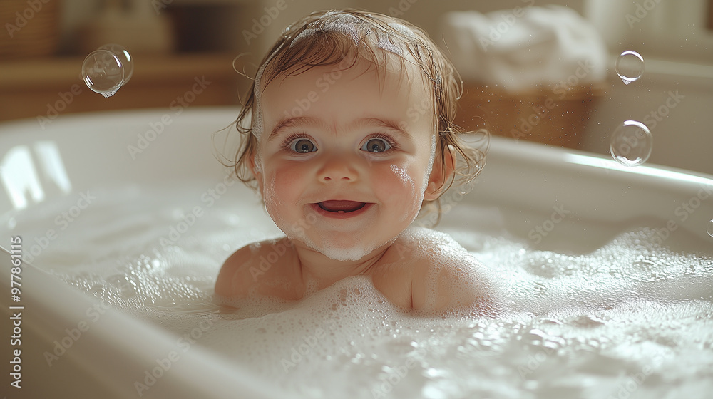 Cute, happy baby laughing in a bathtub with soap suds on their face, bubbles flying around them, commercial photography, natural lighting, high resolution, hyper-realistic. Cute, happy baby laughing in a bathtub with soap suds on their face, bubbles flying around them, commercial photography, natural lighting, high resolution, hyper-realistic.