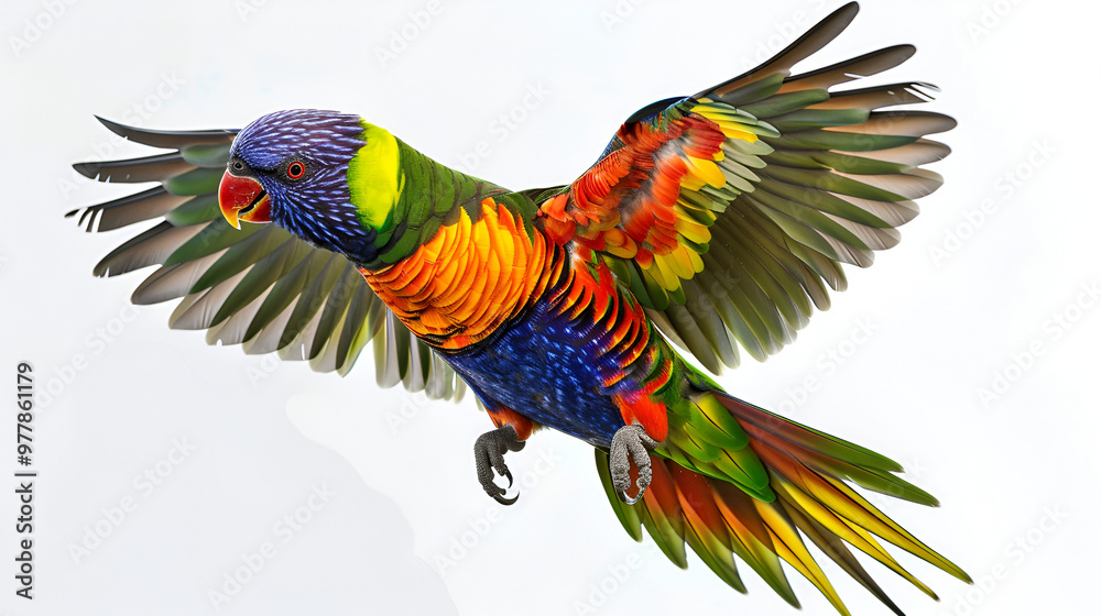 Obraz premium A vibrant lorikeet in mid-flight on a white background with copy space, colorful wings outstretched