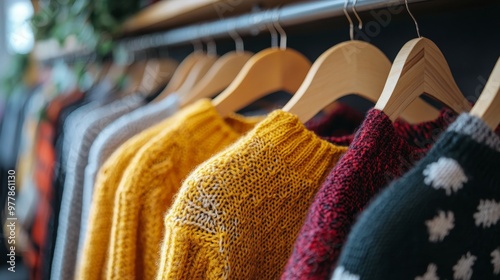 Colorful clothing hangers displaying various garments in a retail store setting