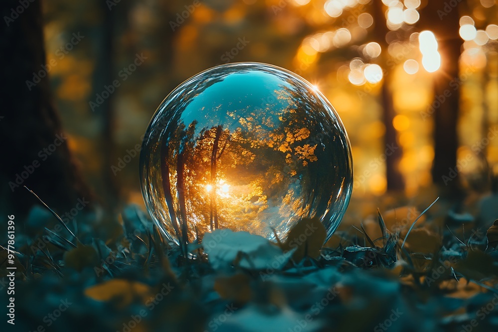 Glass ball reflecting a forest scene with sunset, nature photography Glass ball reflecting a forest scene with sunset, nature photography
