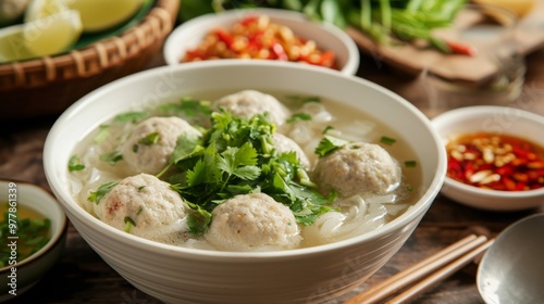 Vietnamese Meatball Soup with Cilantro and Rice Noodles