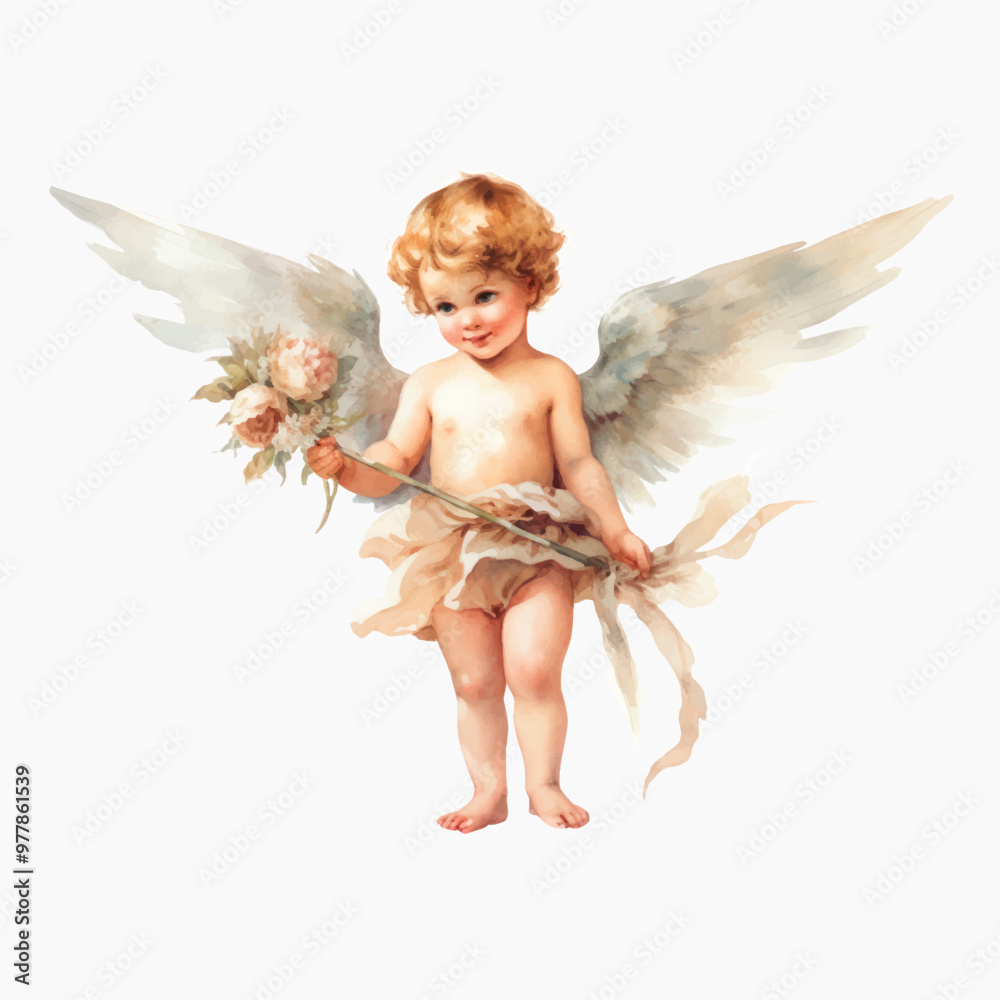Cherubic angel holding floral bouquet Cherubic angel holding floral bouquet