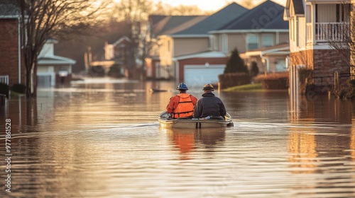 Rescue Workers Helping Residents in Flooded Neighborhood