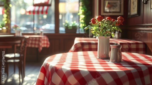 Warmly lit cafe interior with wooden tables and a cozy atmosphere in the even...
