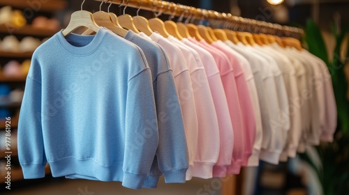 Colorful display of T-shirts hanging in a clothing store featuring various pa...