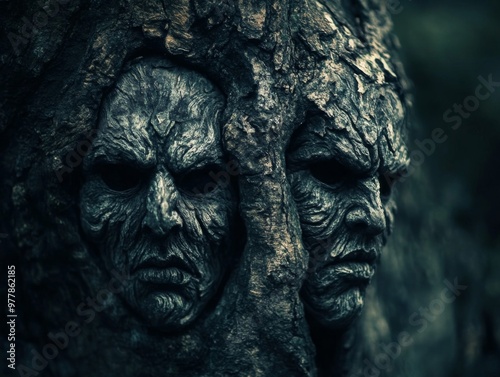 Two Gnarled Faces Carved into a Tree Trunk