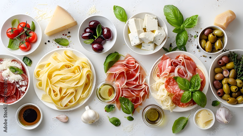 Italian Charcuterie and Cheese Platter with Pasta, Olives, and Fresh Basil, Top View, Traditional Mediterranean Food, Copyspace for Text
Italian Charcuterie and Cheese Platter with Pasta, Olives, and Fresh Basil, Top View, Traditional Mediterranean Food, Copyspace for Text