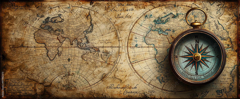 Fototapeta premium Old vintage nautical compass and map background banner with a grunge effect, faded elements, antique weathered style, ancient world map, old writing