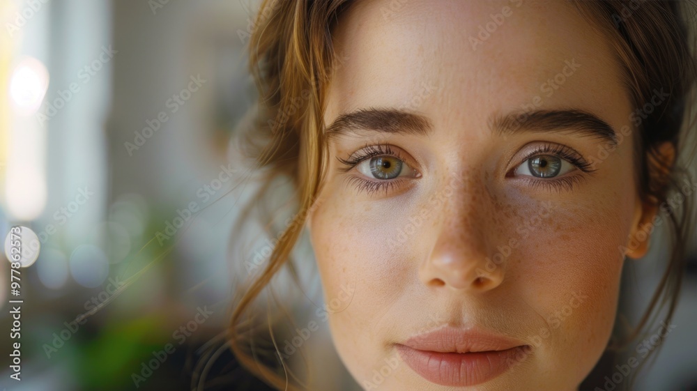 portrait of a young woman showcasing her natural freckles and glowing skin. portrait of a young woman showcasing her natural freckles and glowing skin.