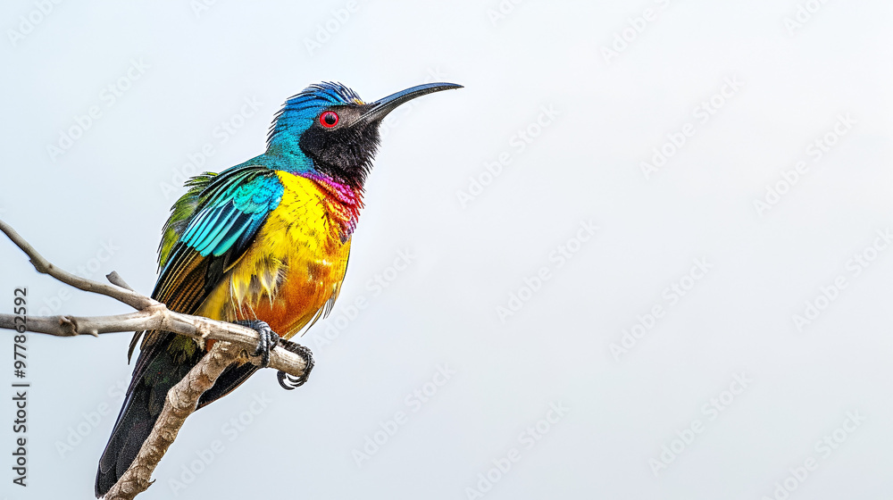 Obraz premium A vibrant sunbird perched on a twig on a white background with copy space, shimmering iridescent feathers