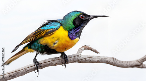 A vibrant sunbird perched on a twig on a white background with copy space, shimmering iridescent feathers
