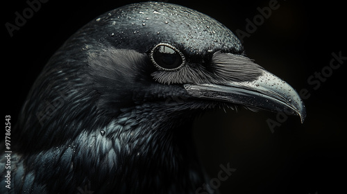 Raven. Macro photo. Black background.